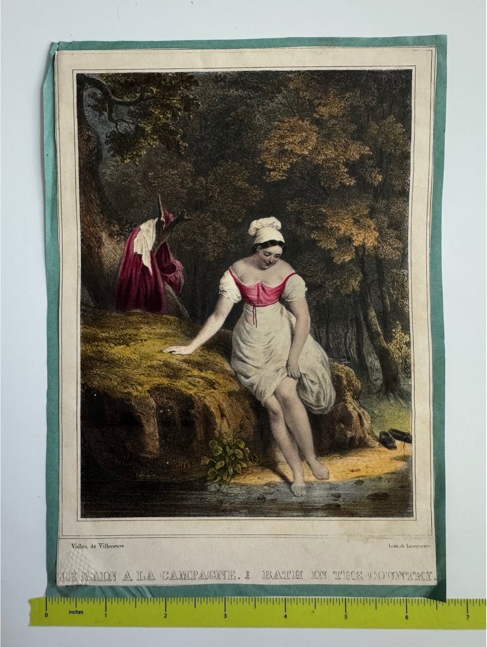 Antique Hand-Colored Print 'Les Bains a la Campagne' Bath in the Country